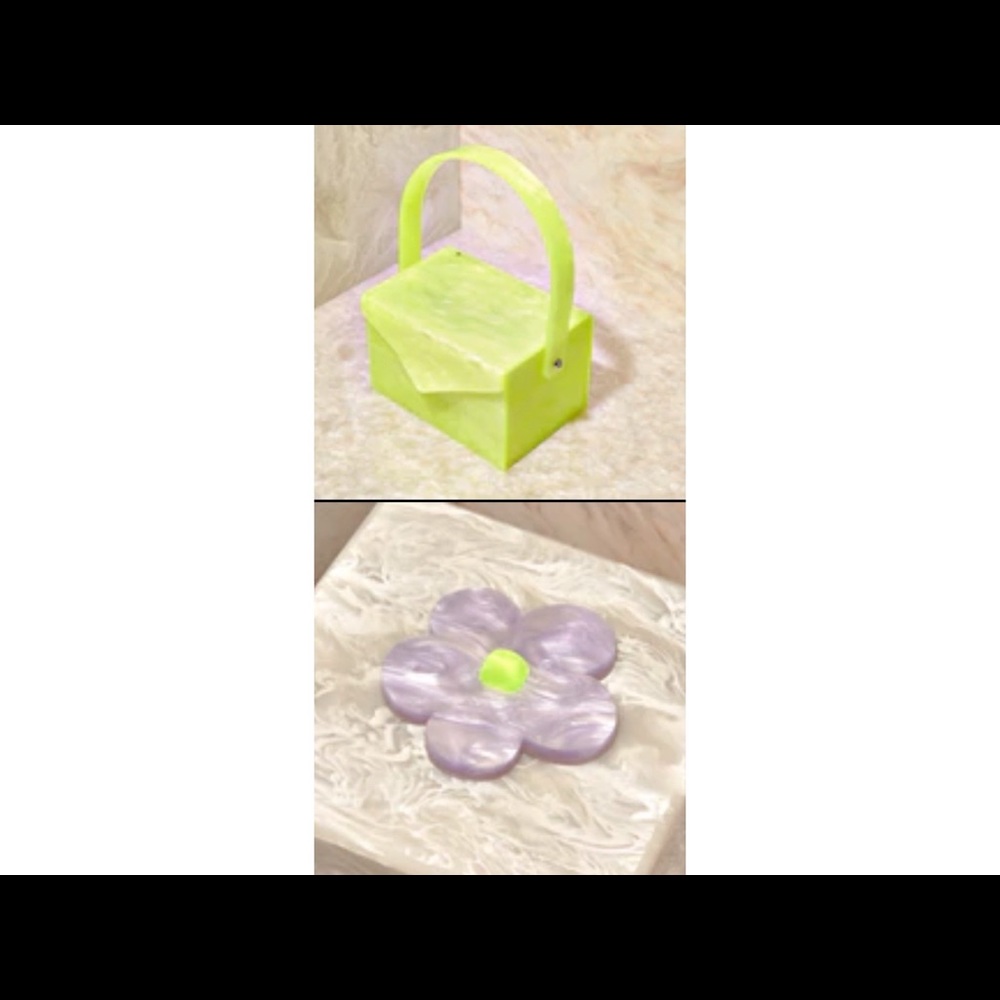 One of a kind Edie Parker acrylic handmade bag w/ lavender accent acrylic flower